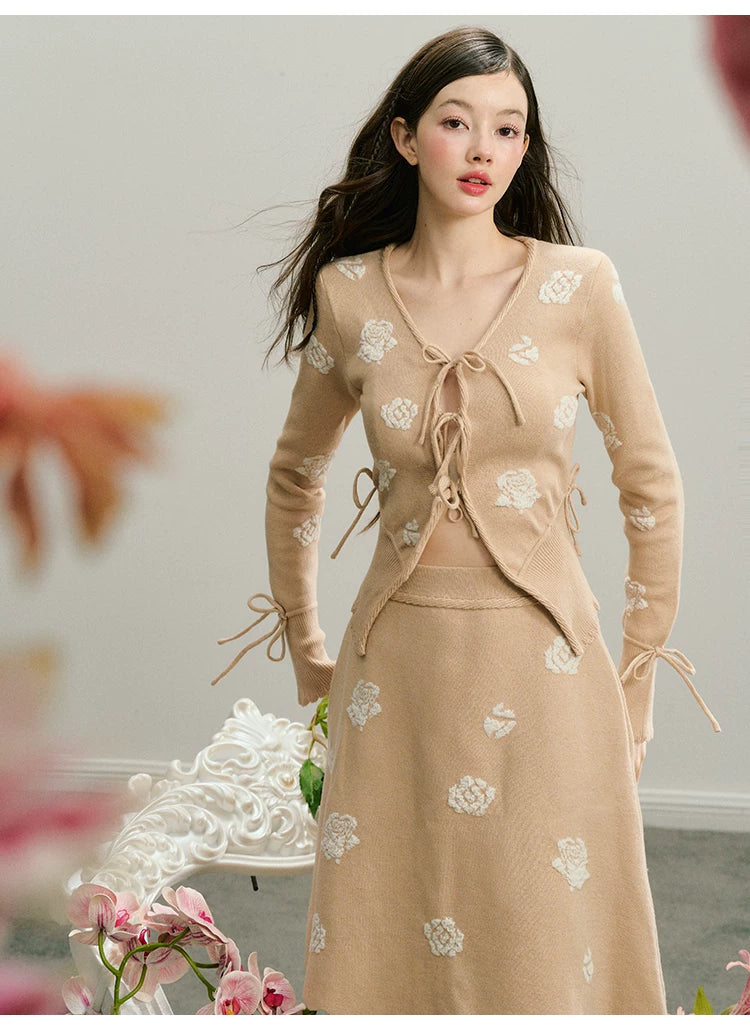 Rose Design Knit Cardigan & Knit Short Skirt Setup