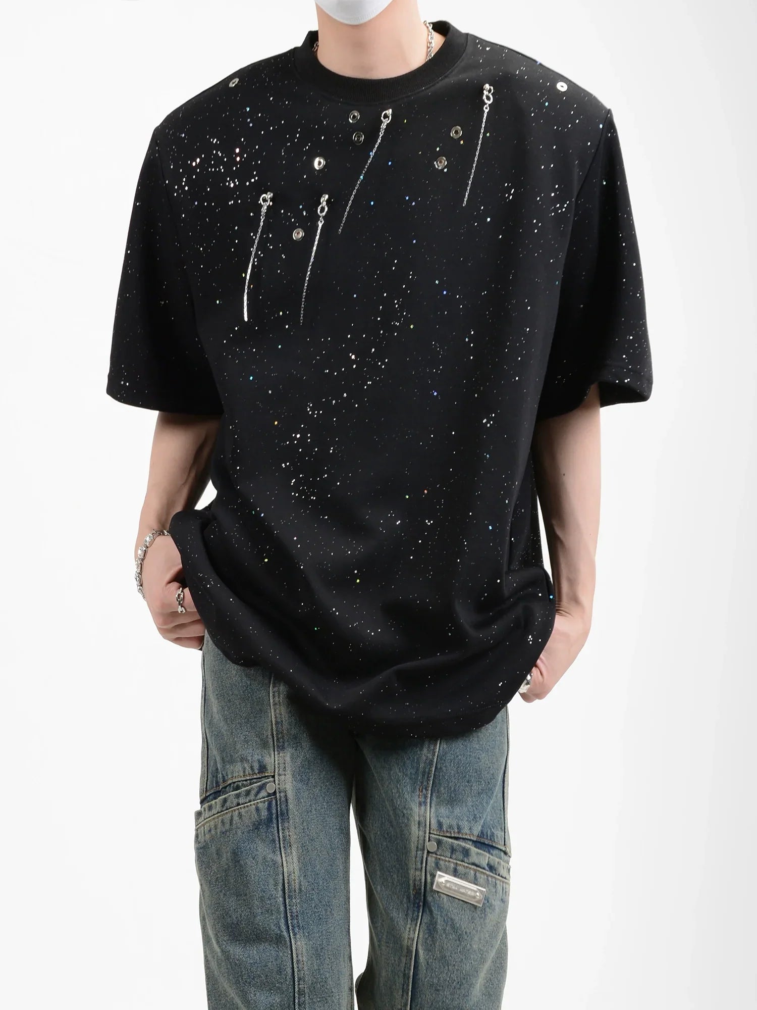 Metal Pendant Decoration Shoulder Pad Short Sleeve Shirt