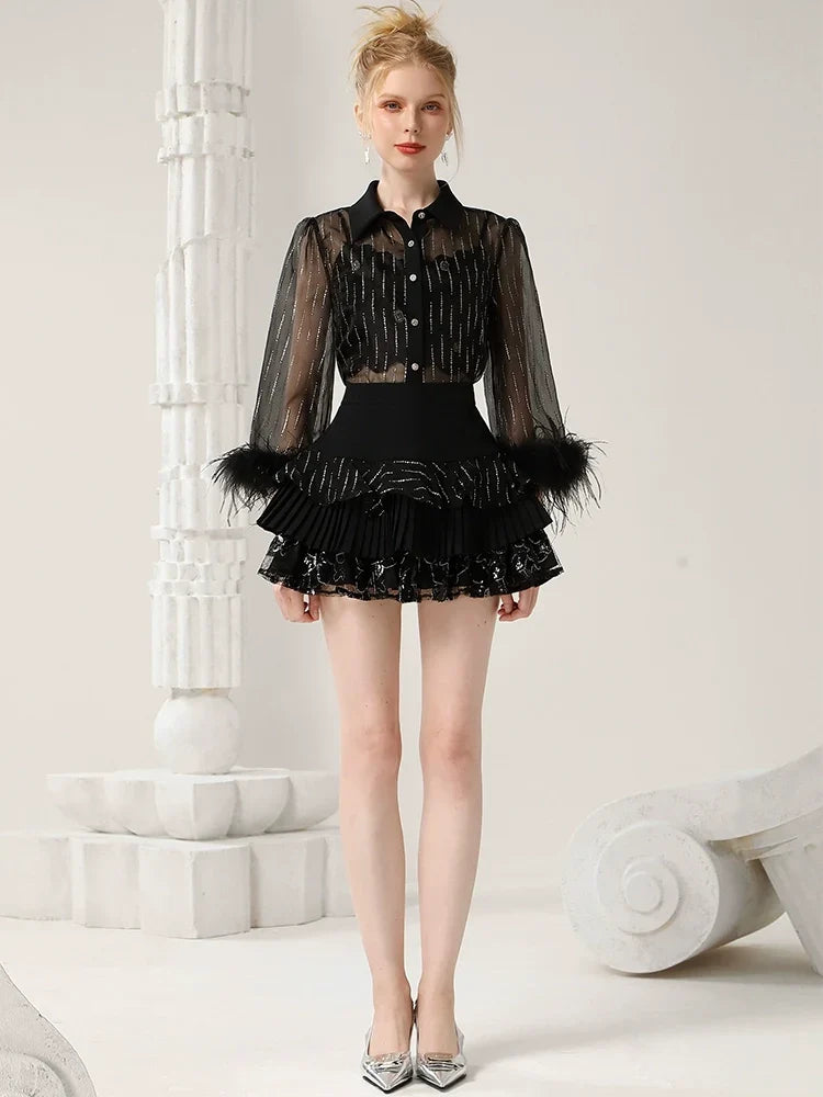 Sheer Shirt & Camisole & Layered Skirt Setup