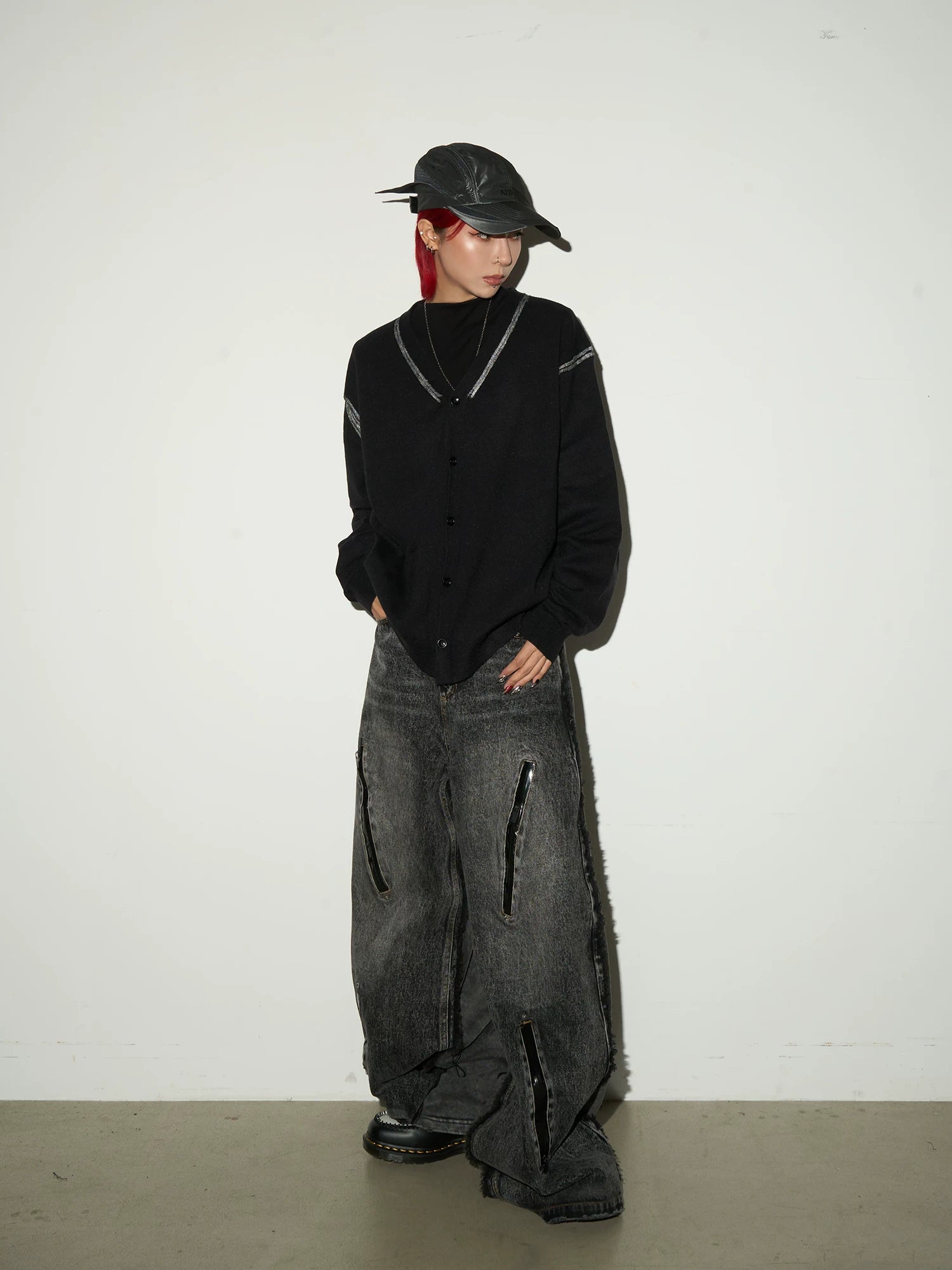 Washed Fray Zipper Detail Wide Leg Denim Jeans