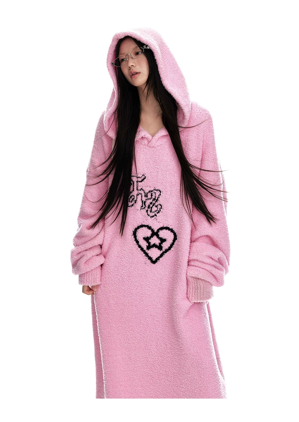 Fuzzy Hooded Knit Sweater Dress