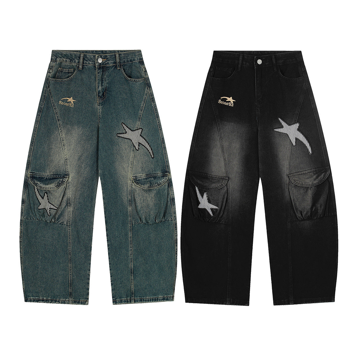 Washed Embroidery Wide Leg Denim Jeans