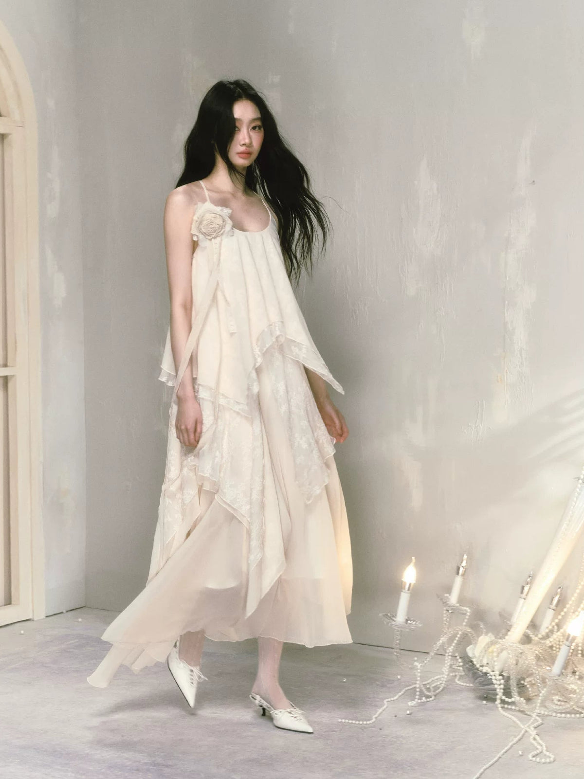 With Brooch Irregular Camisole Dress & Long Sleeve Shirt Setup