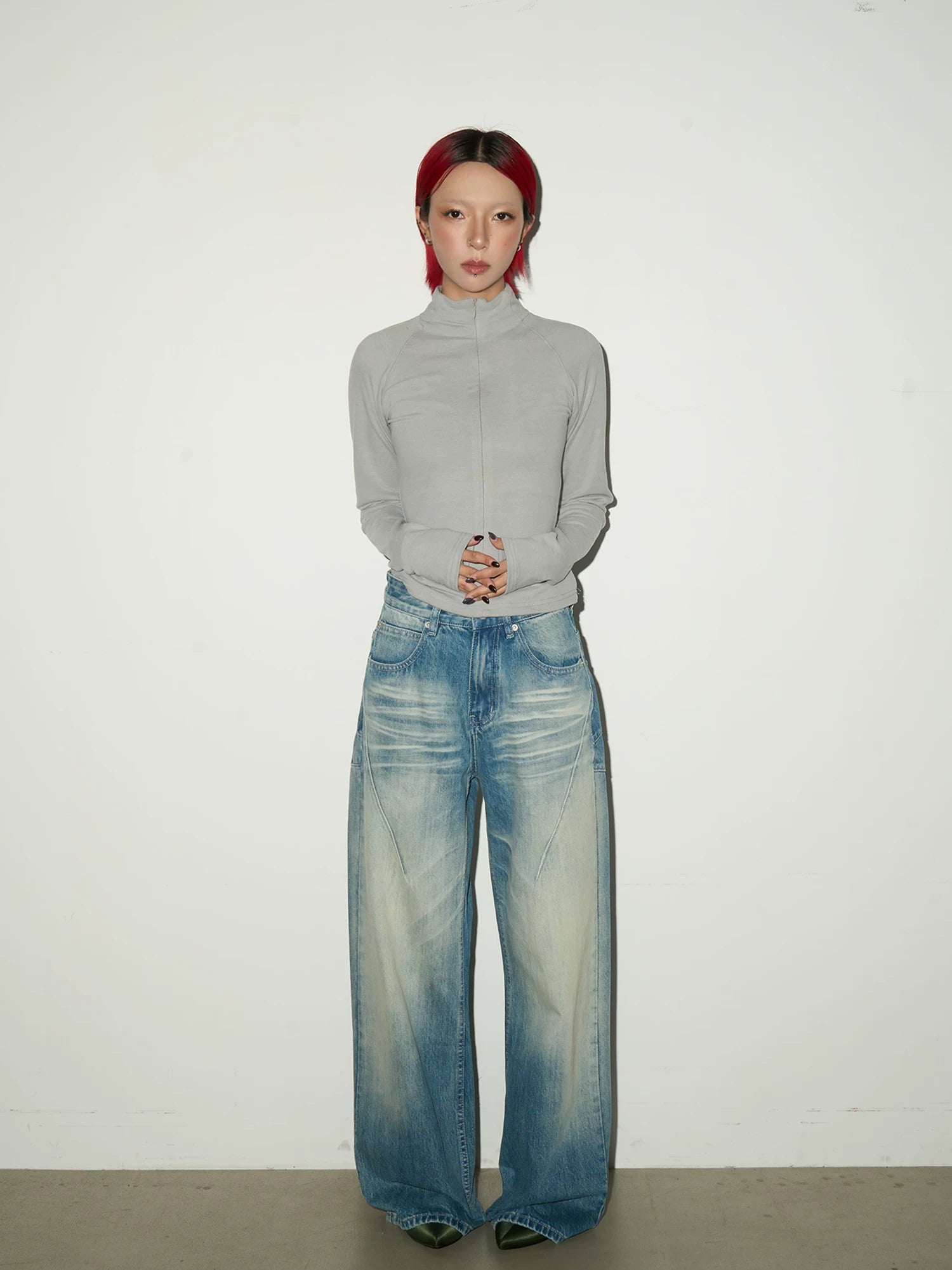 Washed Fade Seam Detail Wide Leg Denim Jeans