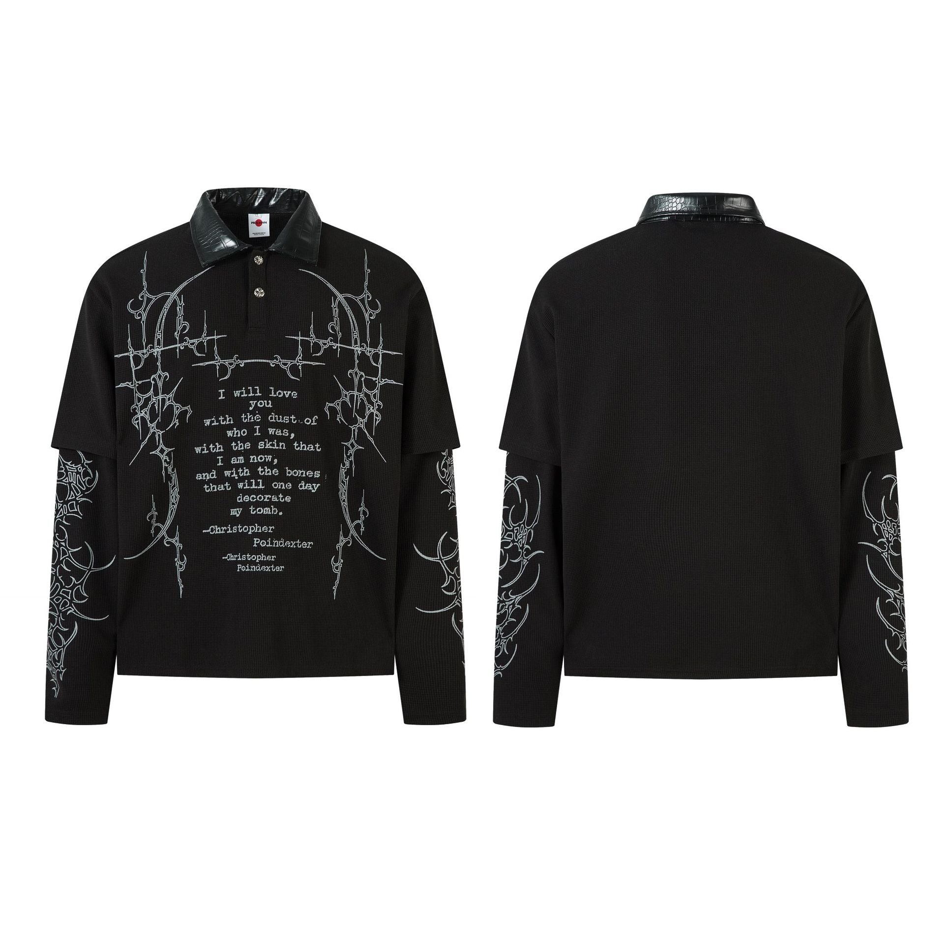 PU Leather Collar Thorn Print Fake Layered Long Sleeve Polo Shirt