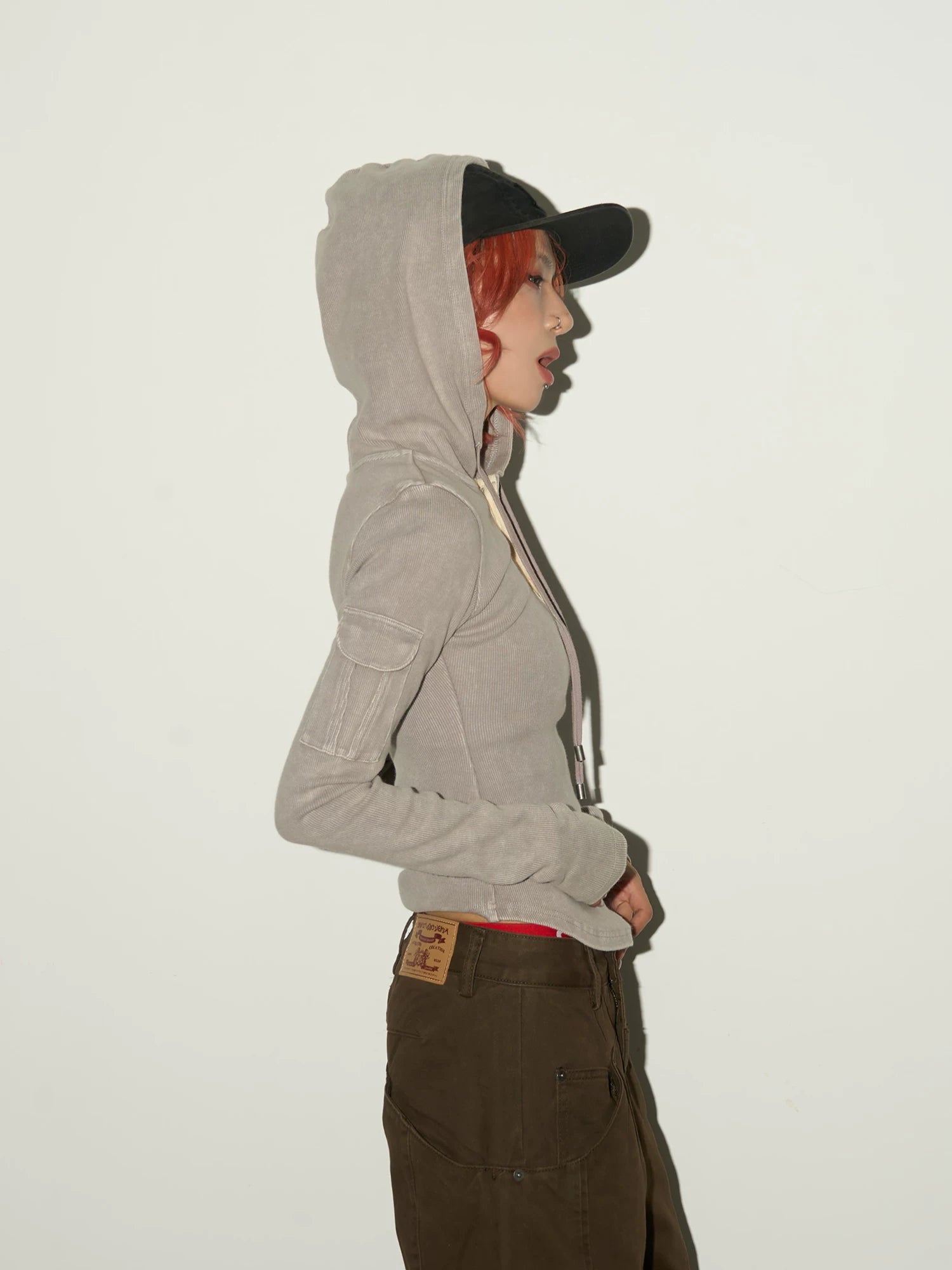 Ribbed Henley Fitted Hooded Long Sleeve T-Shirt
