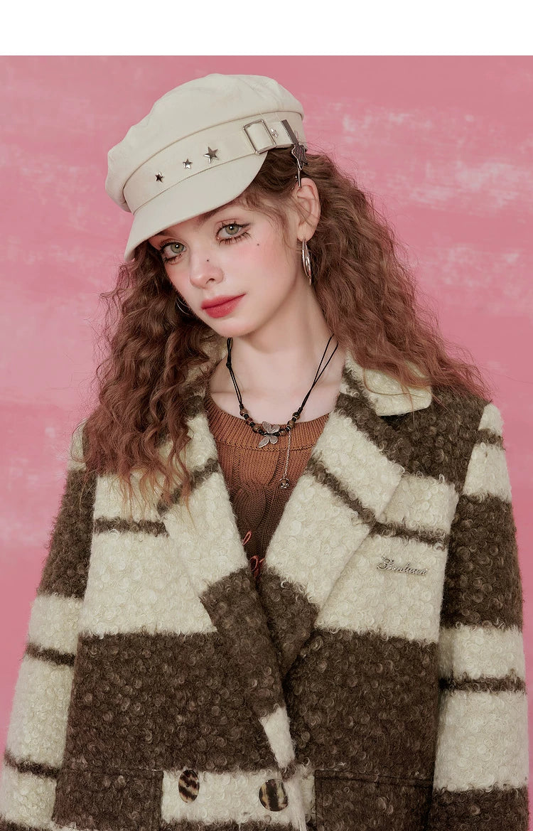 Contrast Stripe Fake Wool Mid-Length Coat
