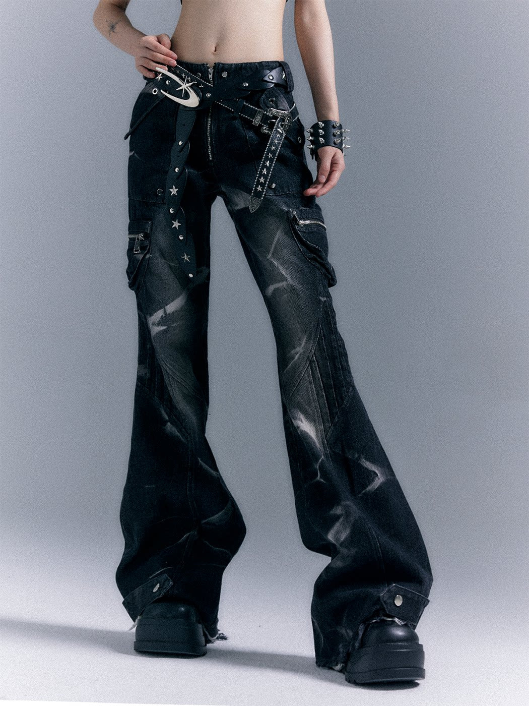 Low-Waist Studs Washed Flare Denim Jeans