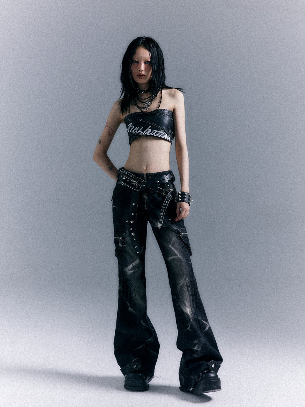 Low-Waist Studs Washed Flare Denim Jeans