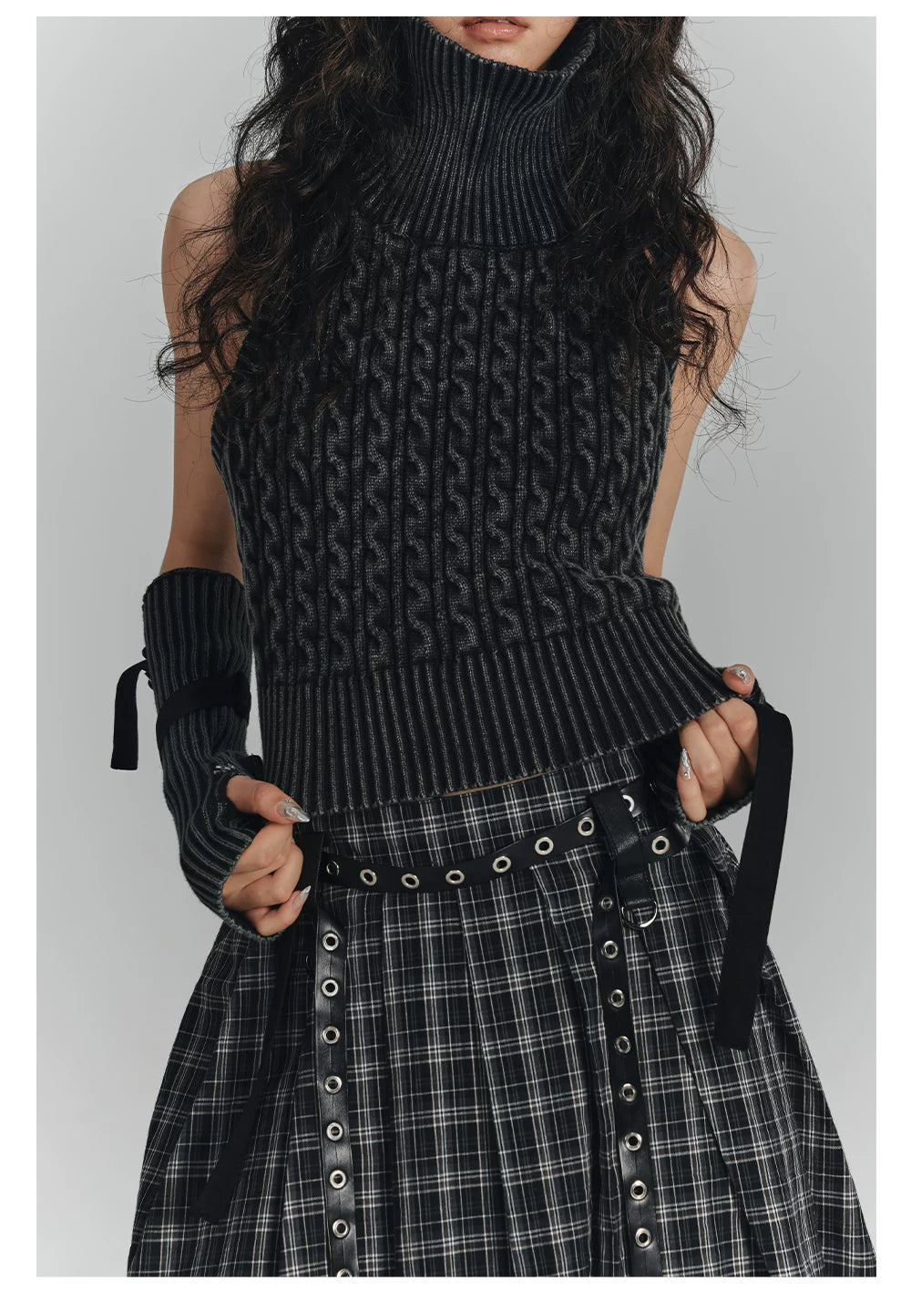 High-Neck Sleeveless Lace-Up Backless Knit Sweater & Arm Warmers