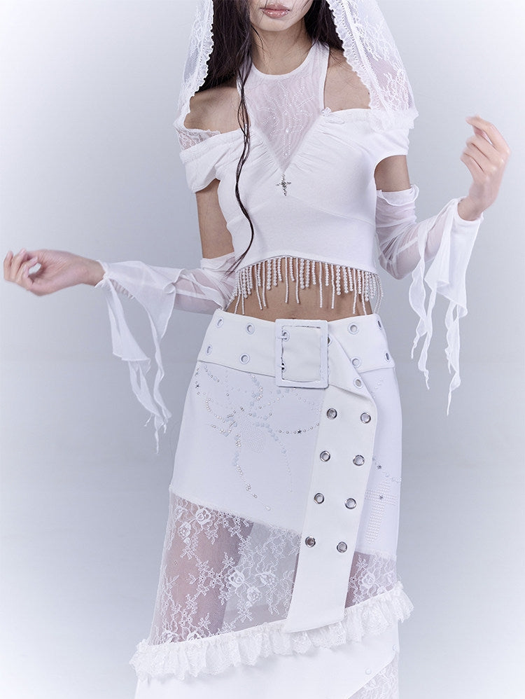 Off Shoulder Lace Pullover Hoodie & Arm Cover Set