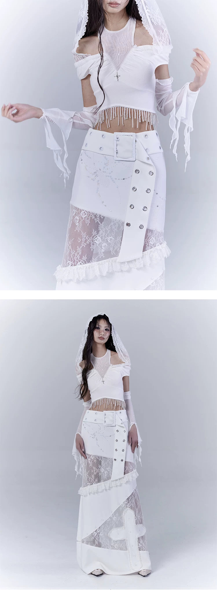 Off Shoulder Lace Pullover Hoodie & Arm Cover Set