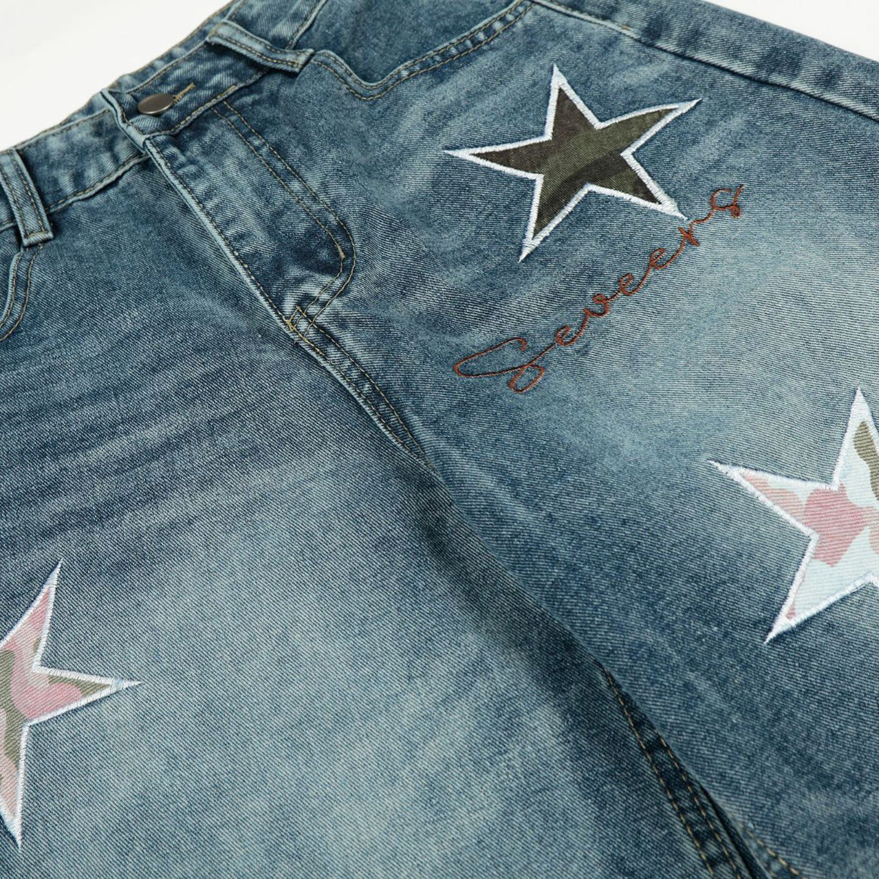 Washed Star Applique Wide Leg Denim Jeans