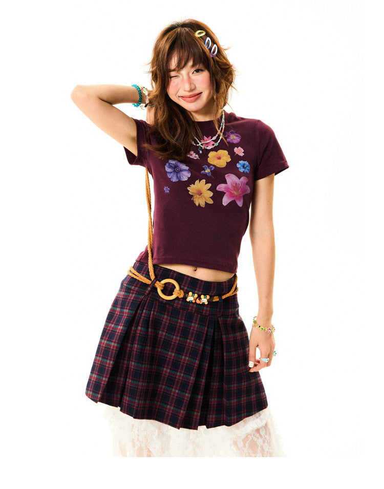 Flower Print Cropped Short Sleeve T-Shirt
