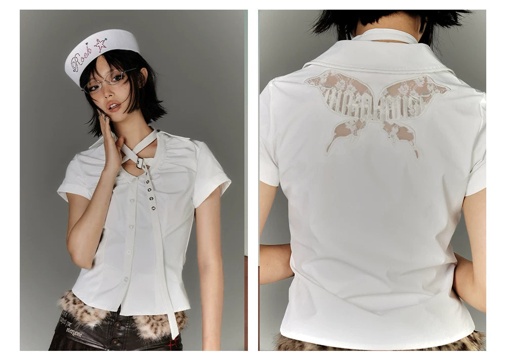 Button Strap Detail Fitted Short Sleeve Shirt