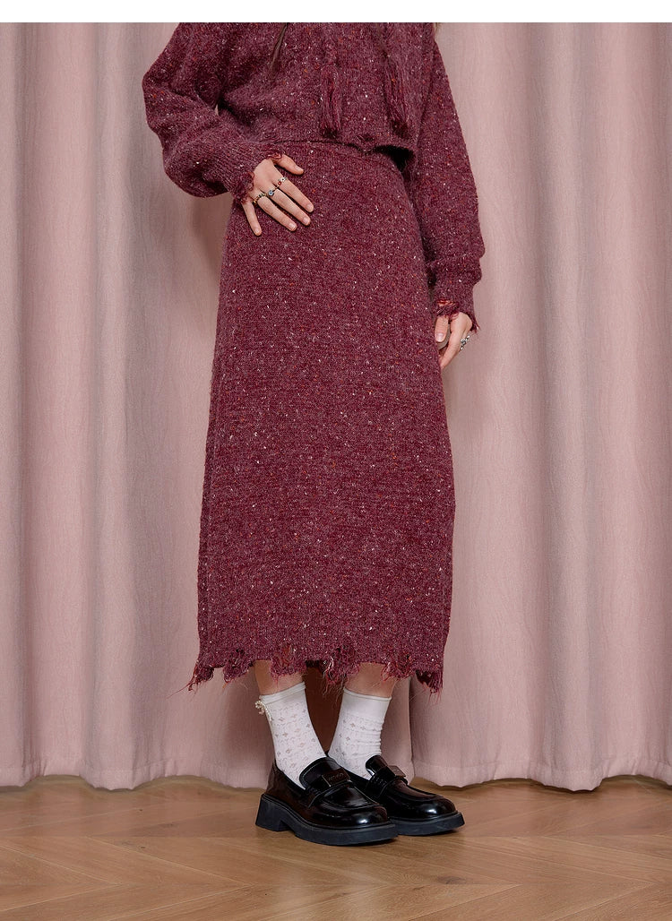 Textured Hooded Knit Sweater & Long Knit Skirt Setup