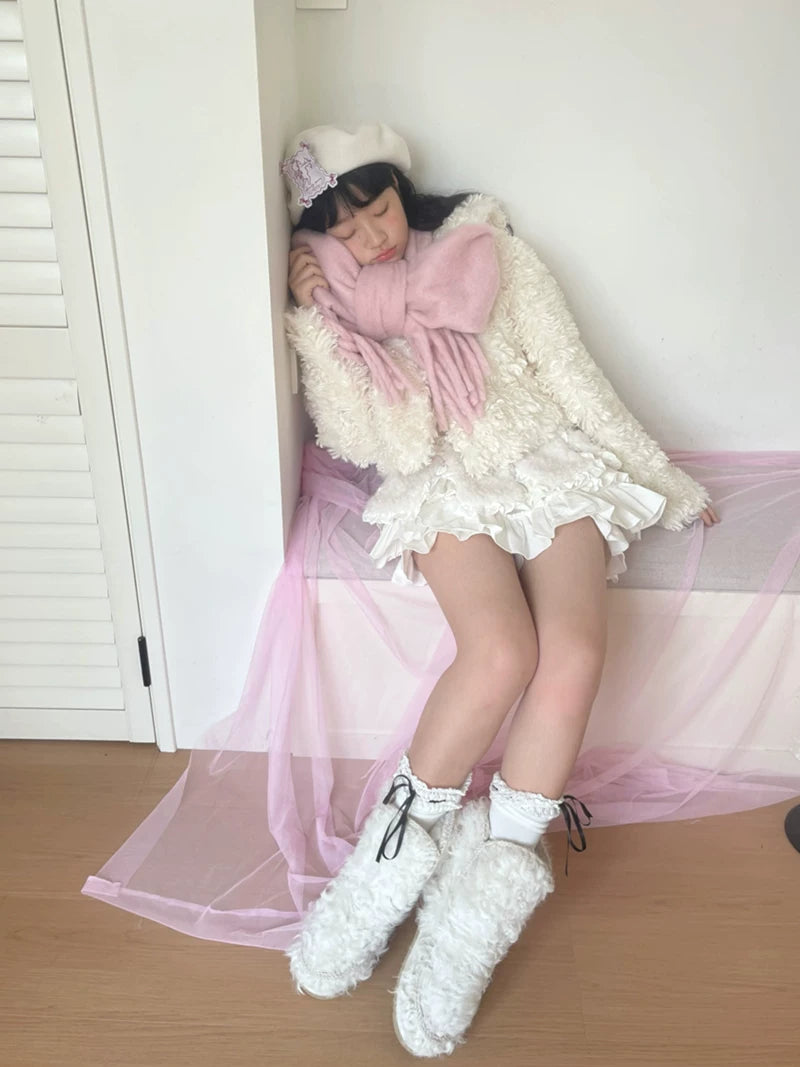 Fake Fur Bow Tie Plush Jacket