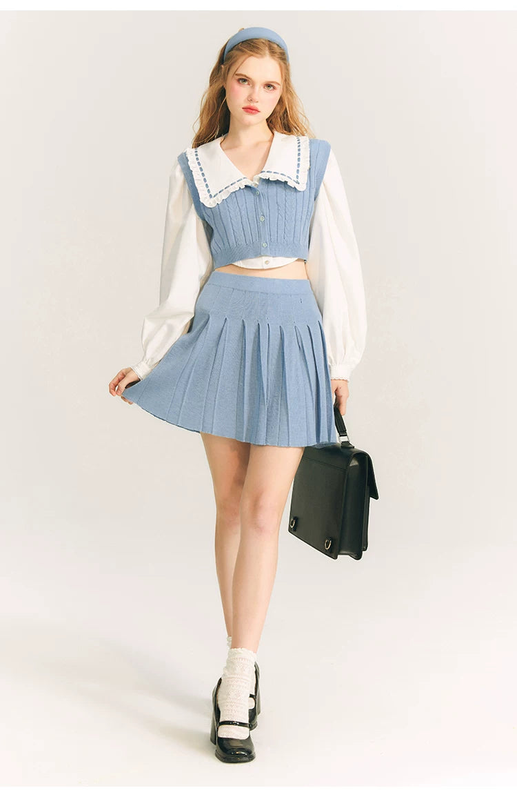 Button Knit Vest & Knit Pleated Skirt Setup