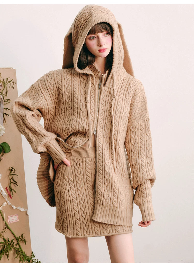 Bunny Hare Ear Hooded Zipper Knit Cardigan & Knit Skirt Setup