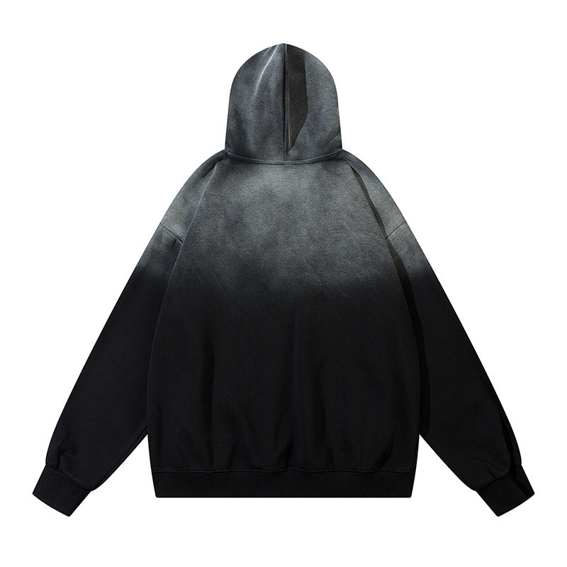 그라데이션 레터 자수 워시드 오버사이즈 풀오버 후드 티셔츠