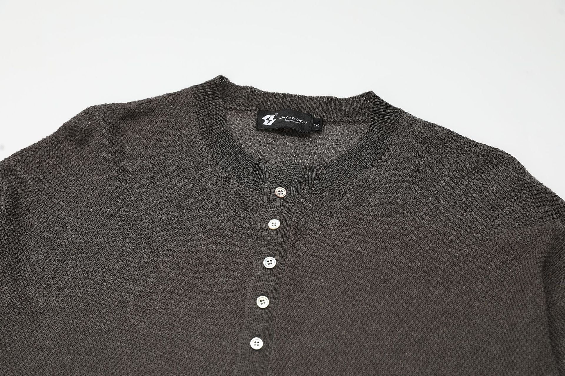 Openwork Linen Henley Neck Knit Sweater
