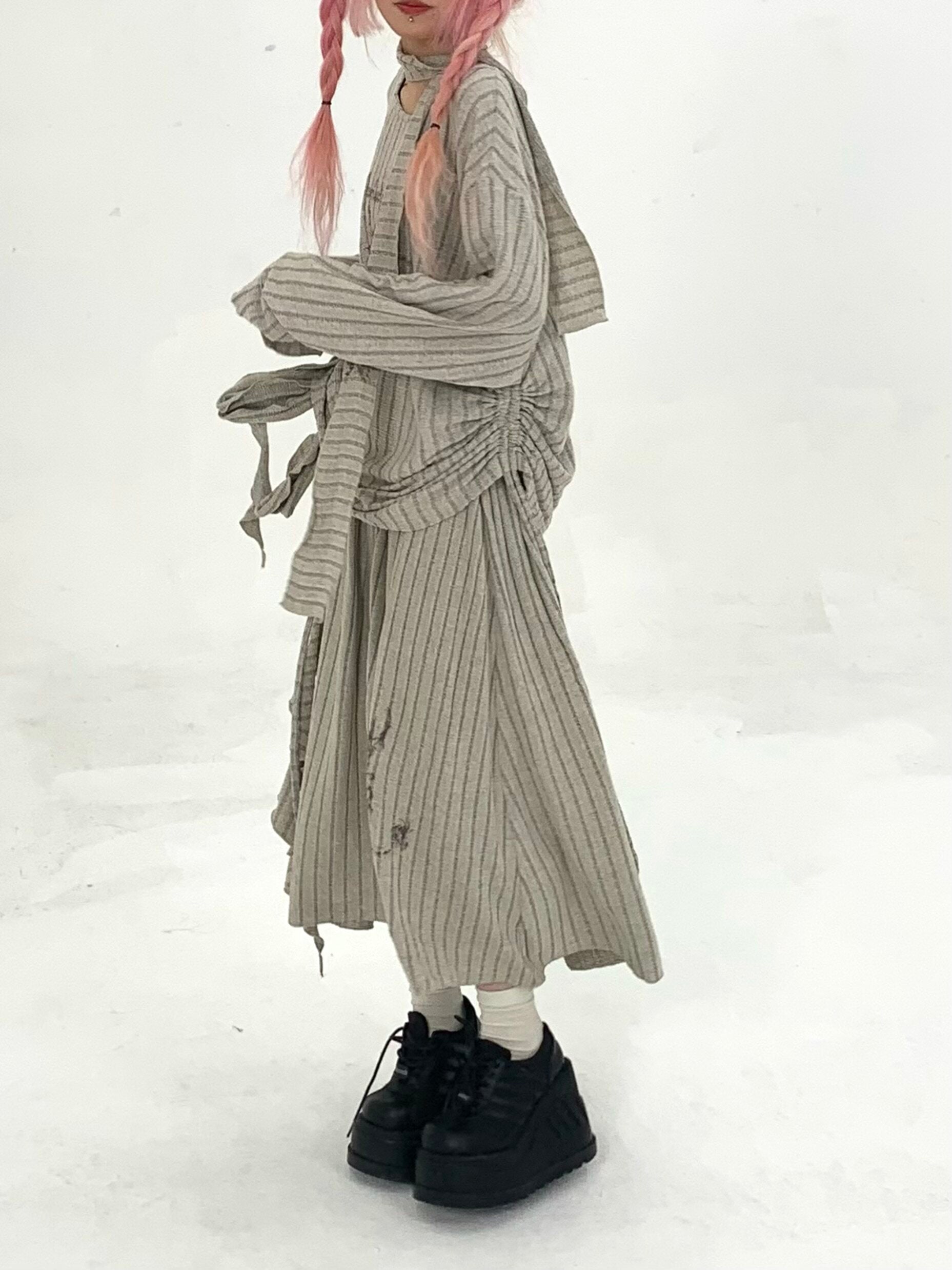 Ribbed Letter Print Strap Detail Oversize Knit Sweater
