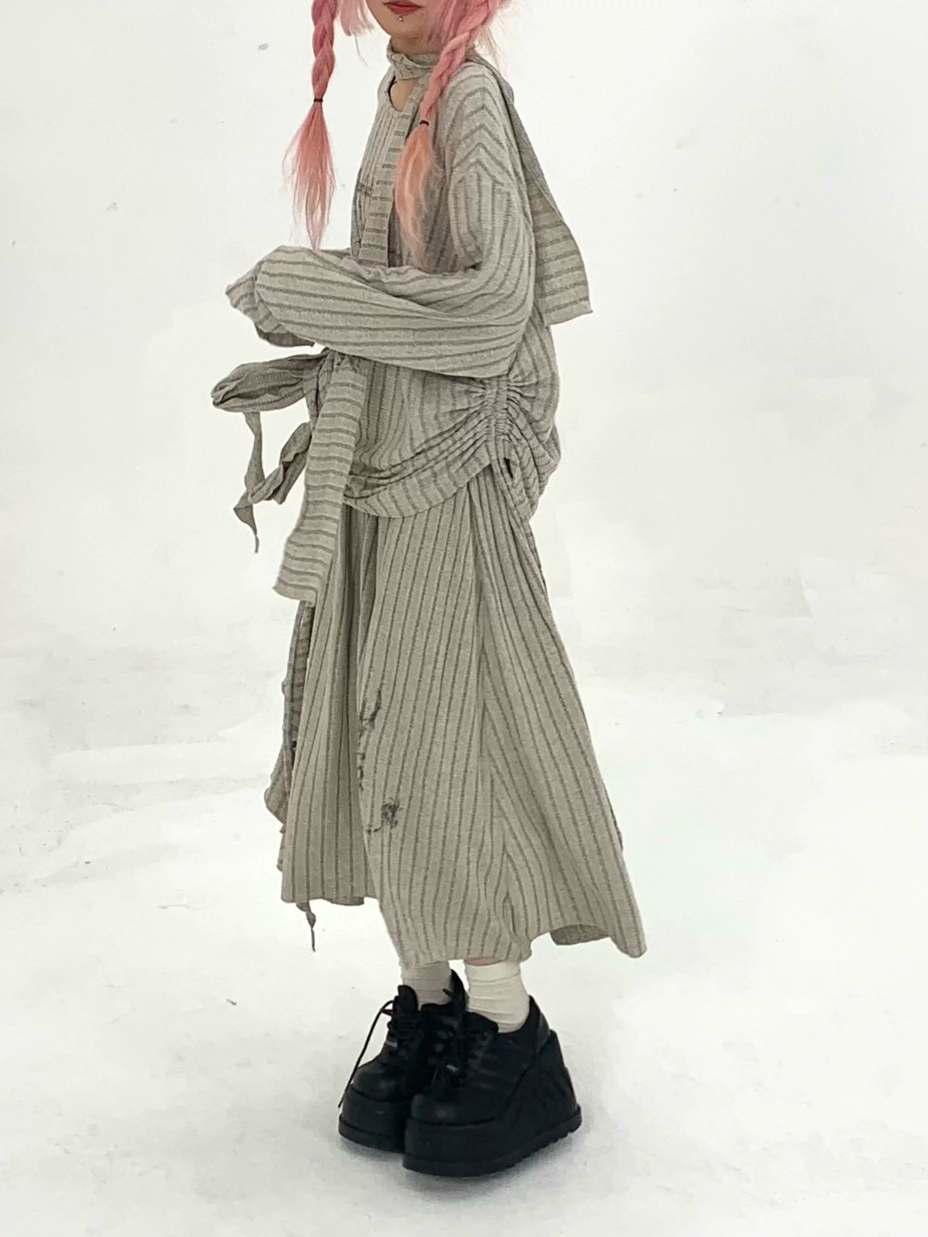 Graphic Print Lace-Up Pleated A-Line Midi Skirt