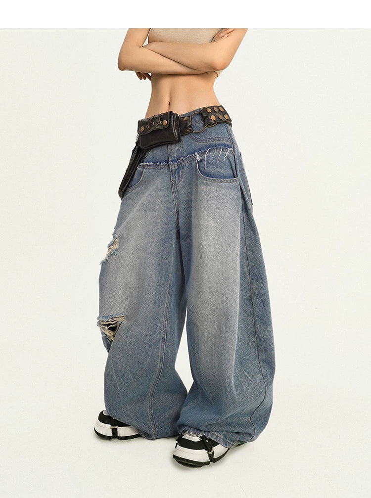 Damage Embroidery Wash Wide Leg Denim Jeans