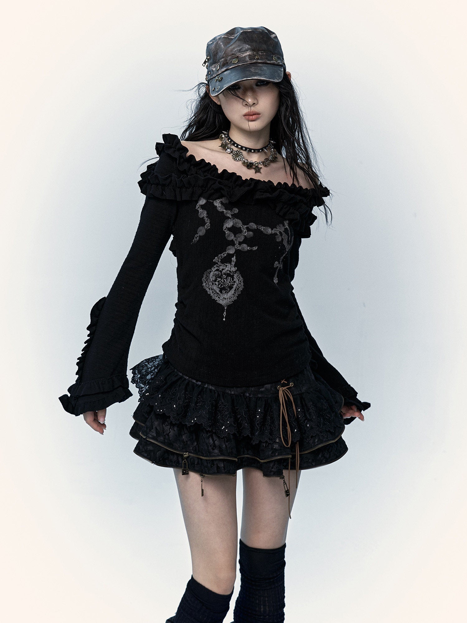 Ruffle Print Flare Sleeve Long Sleeve T-Shirt