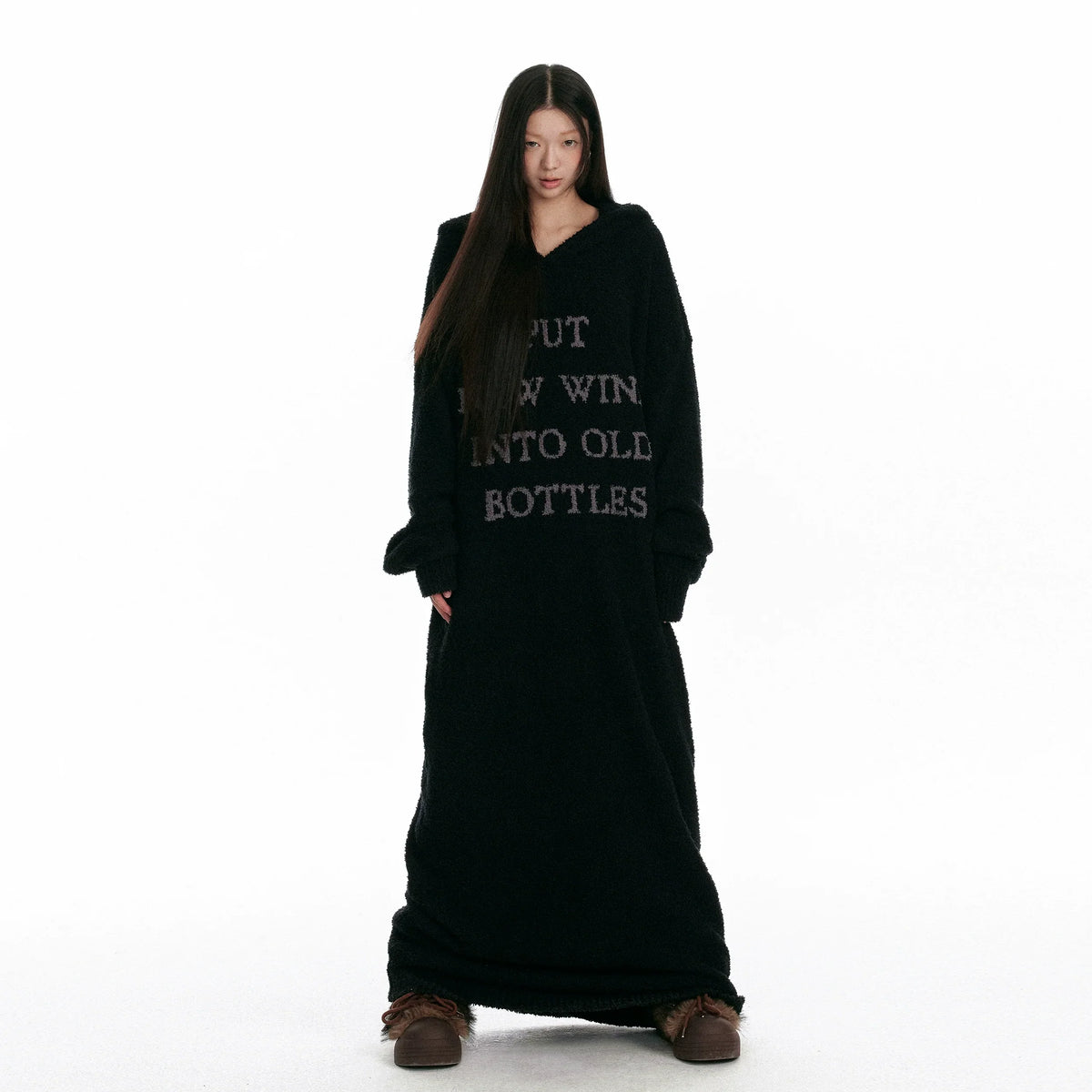 Fuzzy Hooded Knit Over-Knee Robe Dress