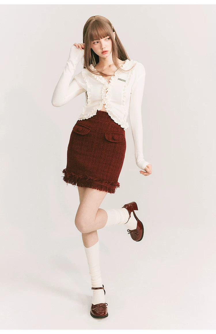 Round Collar Tweed Jacket & A-Line Tweed Skirt Setup