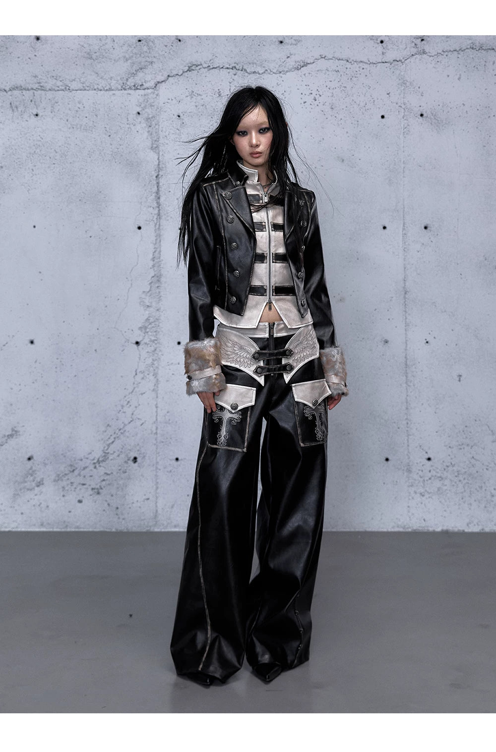 Lace Panel Buckle Detail Wide Leg PU Leather Pants