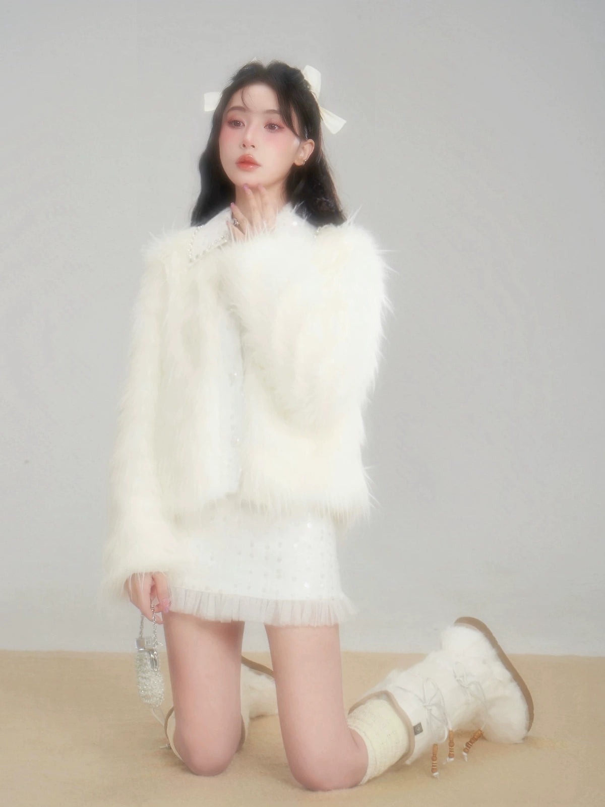Eco Fur Warm Jacket & Short Skirt & Long Skirt Setup