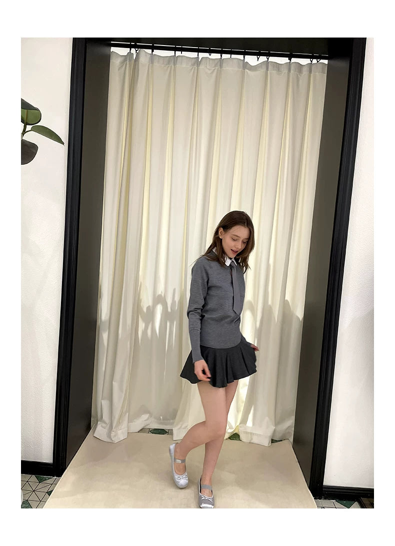 Collar Knit Sweater & Pleats Short Skirt Setup