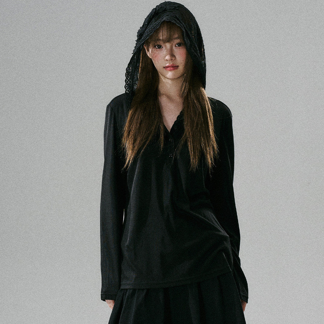Lace Bow Hooded Long Sleeve Lyocell Shirt
