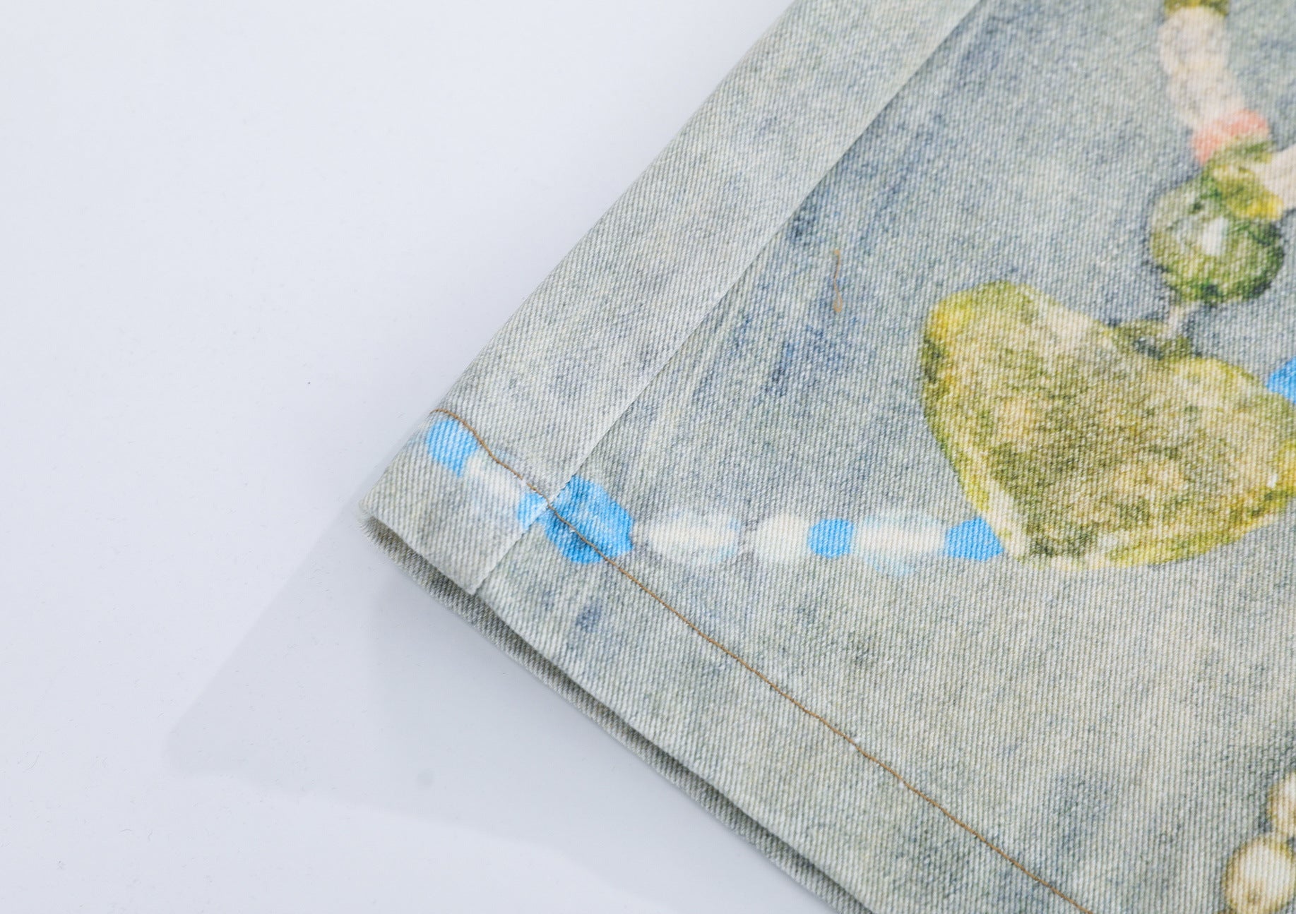 Pearl Chain Collage Print Denim Jort