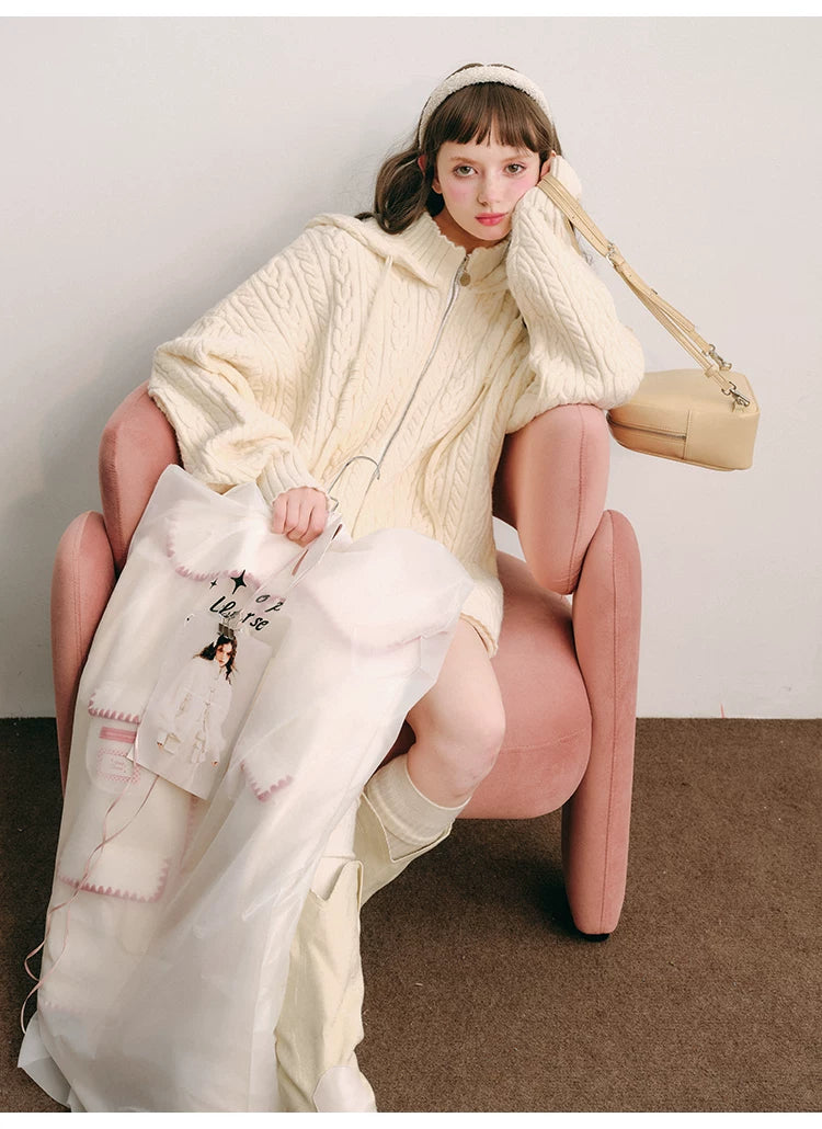 Bunny Hare Ear Hooded Zipper Knit Cardigan & Knit Skirt Setup
