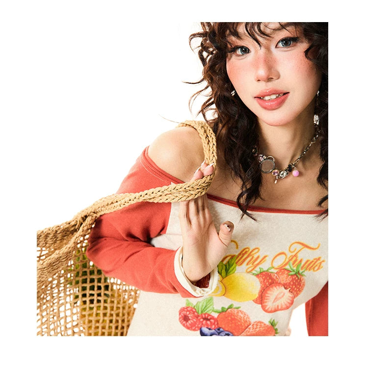 Fruit Graphic Print Off-Shoulder Fitted Long Sleeve T-Shirt