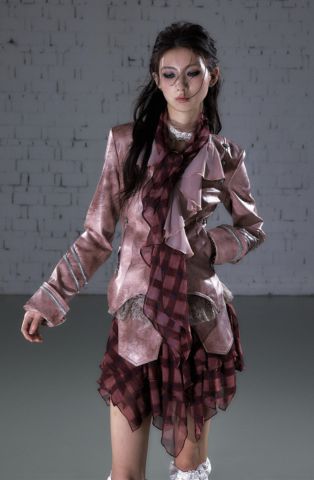 Ruffle Tie-Neck Slim Fit Long Sleeve Shirt