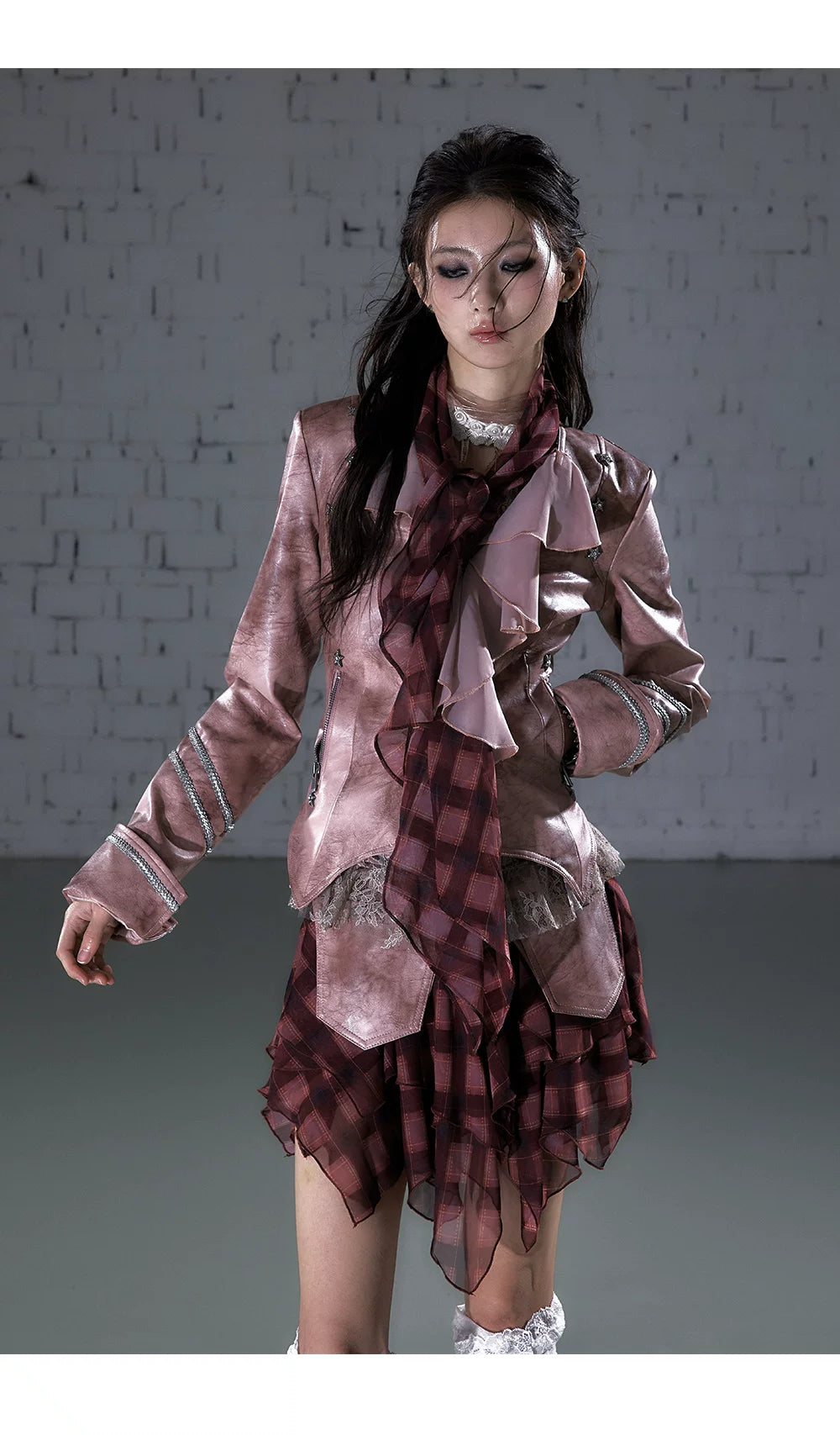 Ruffle Tie-Neck Slim Fit Long Sleeve Shirt