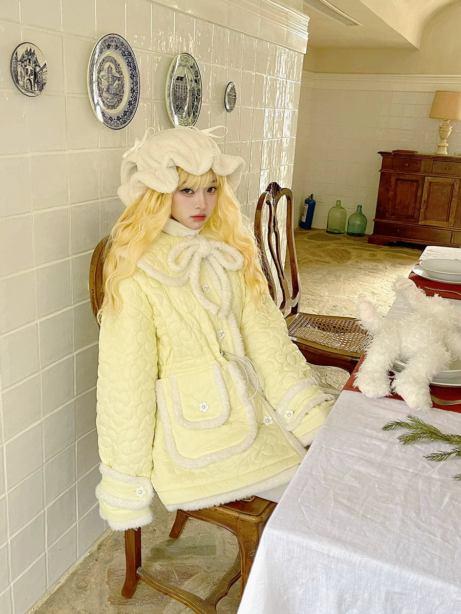 Flower Plush Bow Tie Puffer Jacket