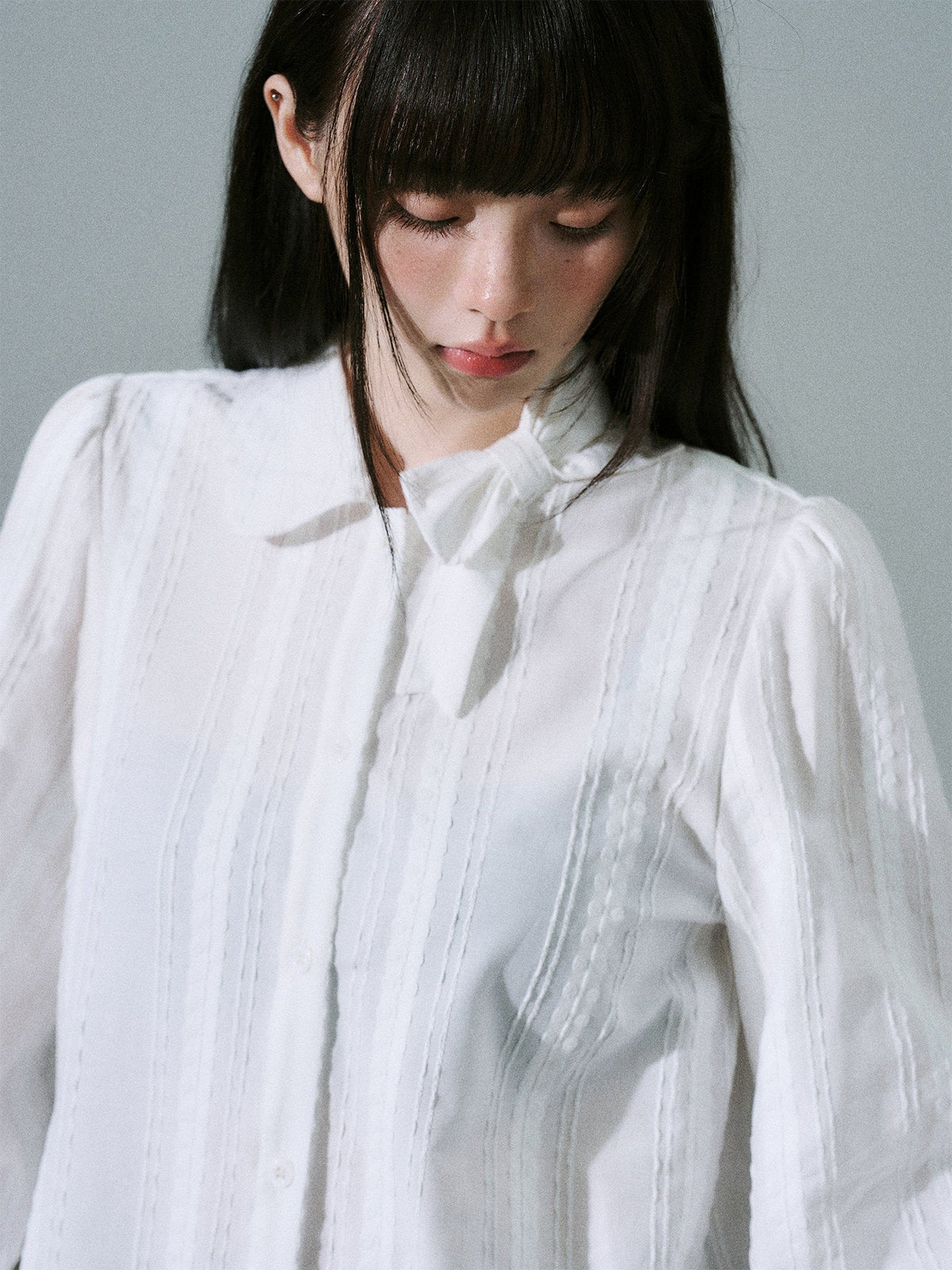 Bow Tie Collar Pleats Detail Blouse
