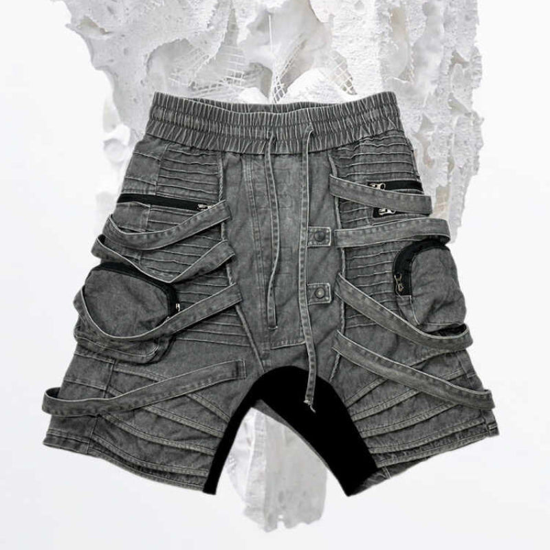 Asymmetrical Deconstructed Pleats Strap Washed Cargo Short