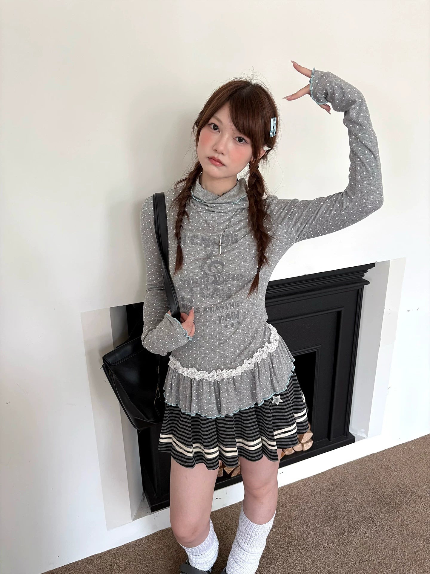 Polka Dot Lace High-Neck Long Sleeve T-Shirt