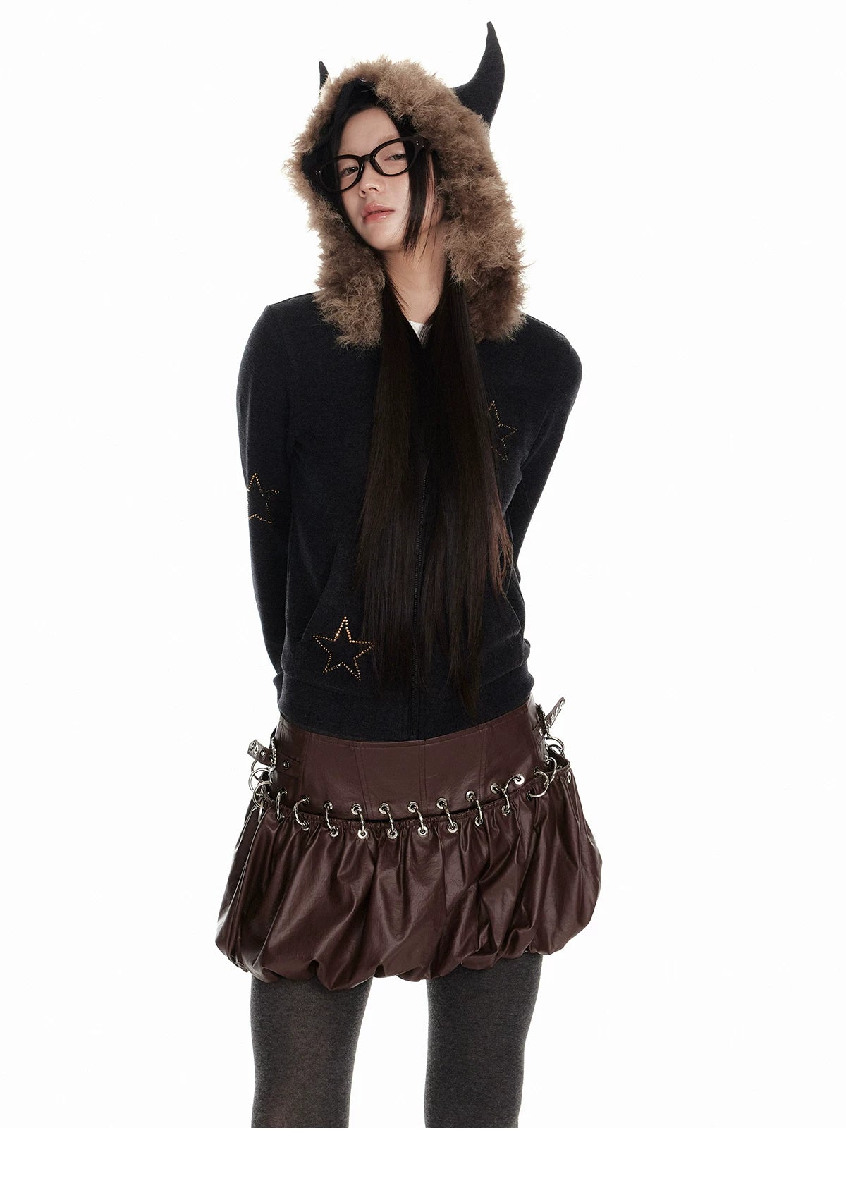 Horn Fur Collar Fuzzy Zipper Hoodie & Wide-Leg Pants Setup