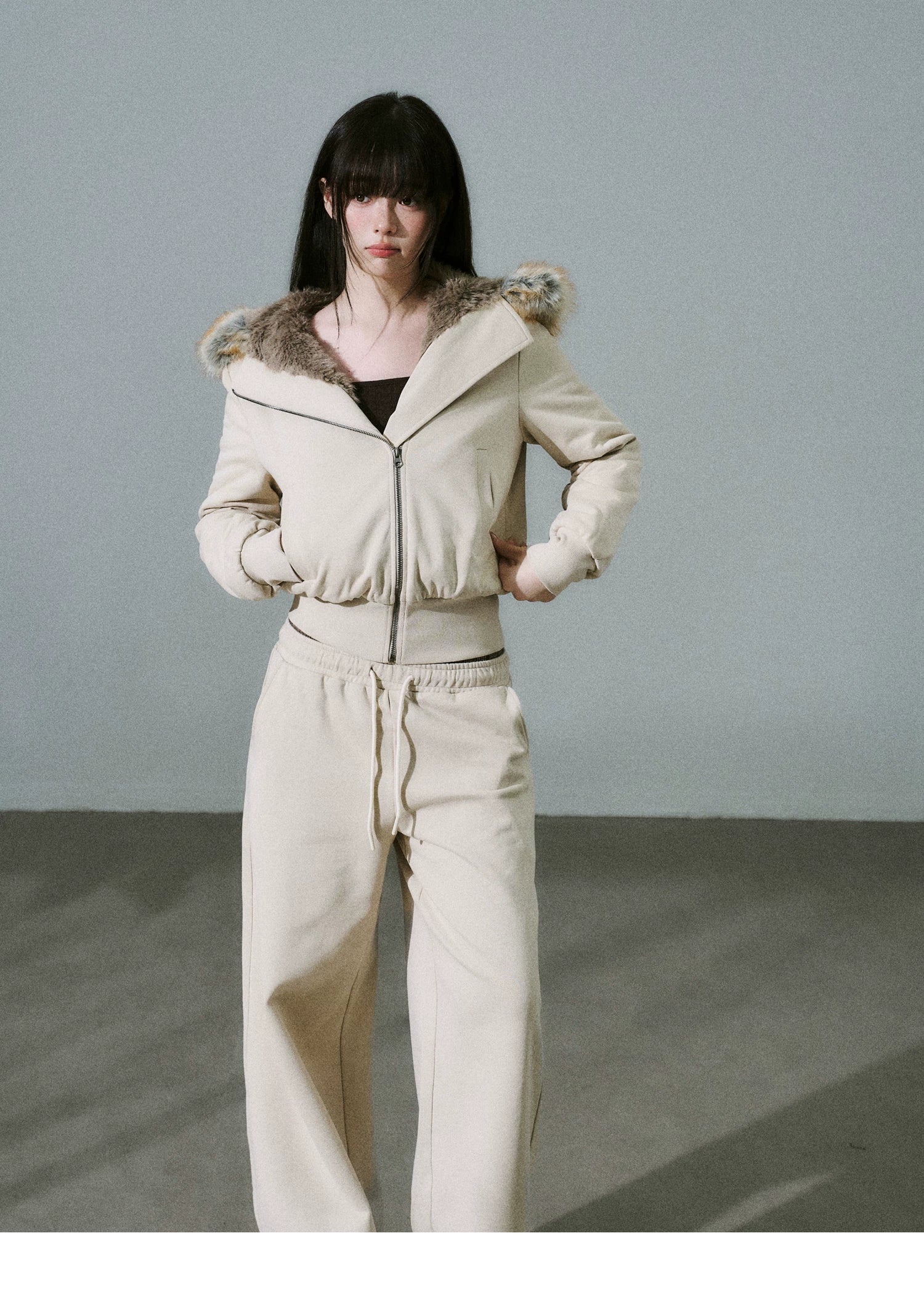 Fake Fur Hooded Zip-Up Jacket & Seatpants Setup