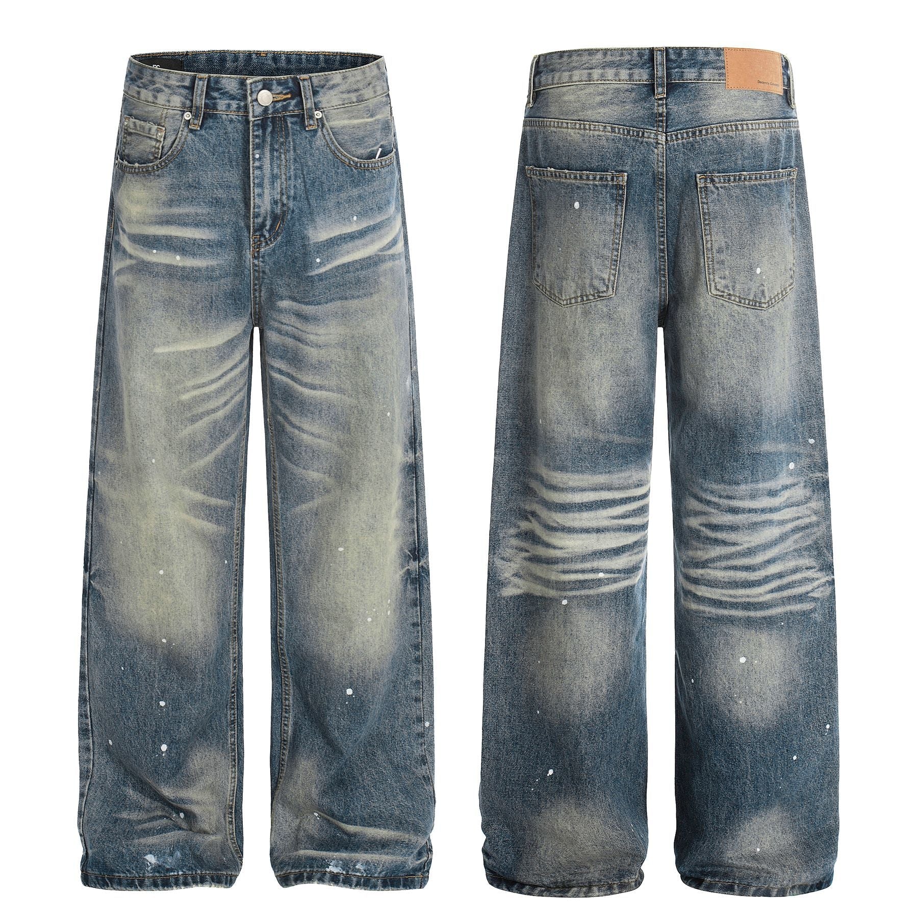 Washed Whisker Paint Splatter Straight Denim Jeans