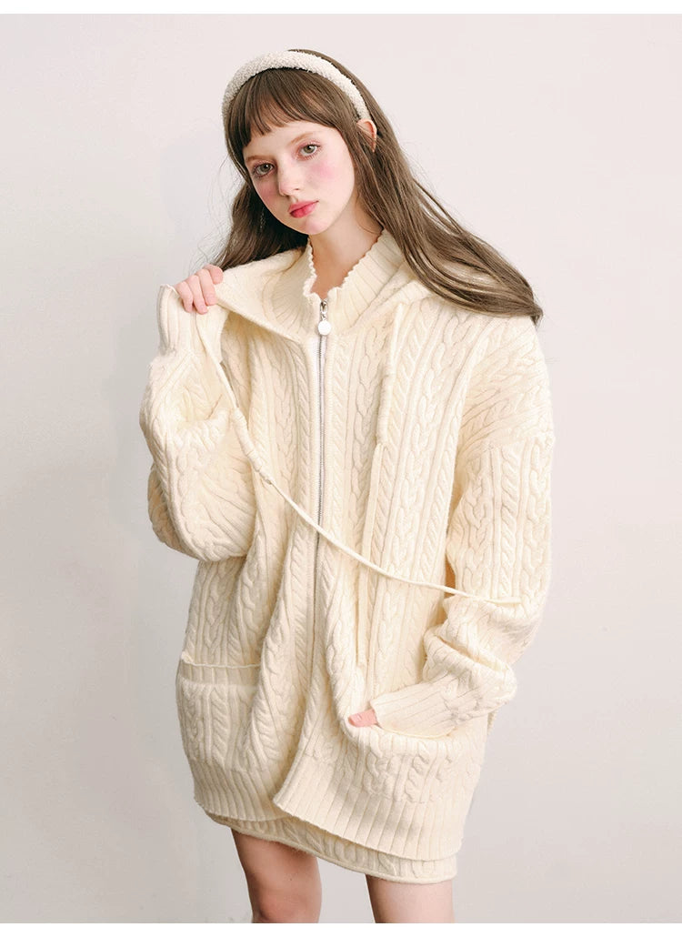 Bunny Hare Ear Hooded Zipper Knit Cardigan & Knit Skirt Setup