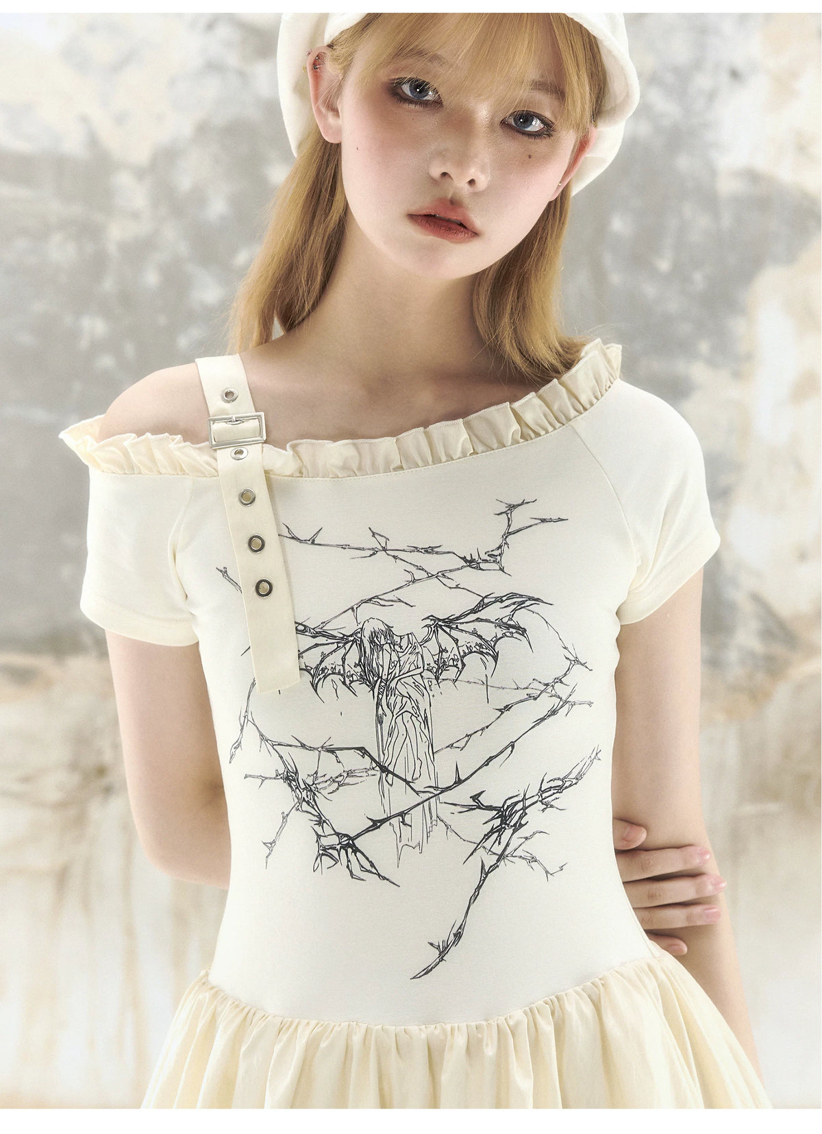 Thorn Angel Print Off-Shoulder Puff Dress