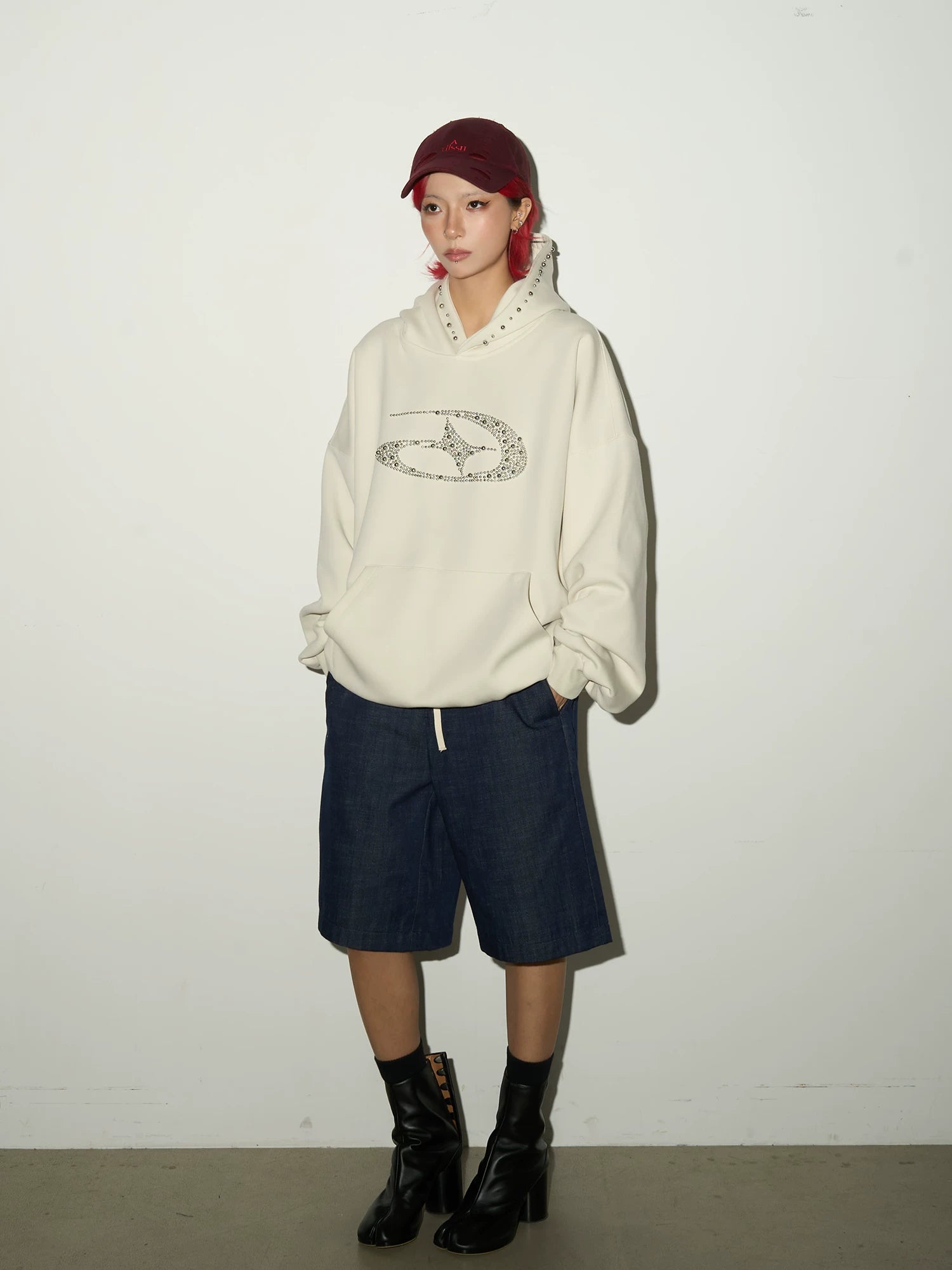 Studded Beaded Design Oversize Pullover Hoodie